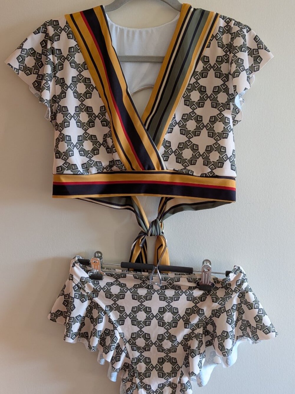 🆕 Retro Print Cap Sleeve 2-Piece Swim Suit w Tie,Ruffle Detail, Sz XL (Fit:L)